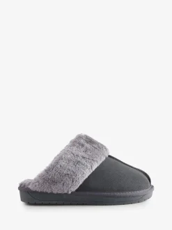 Simply Be Grey Standard Fit Faux Fur Lined Suede Mule Slippers