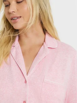 Simply Be Pink Pretty Secrets Brushed Ribbed Button Through Pyjama Set