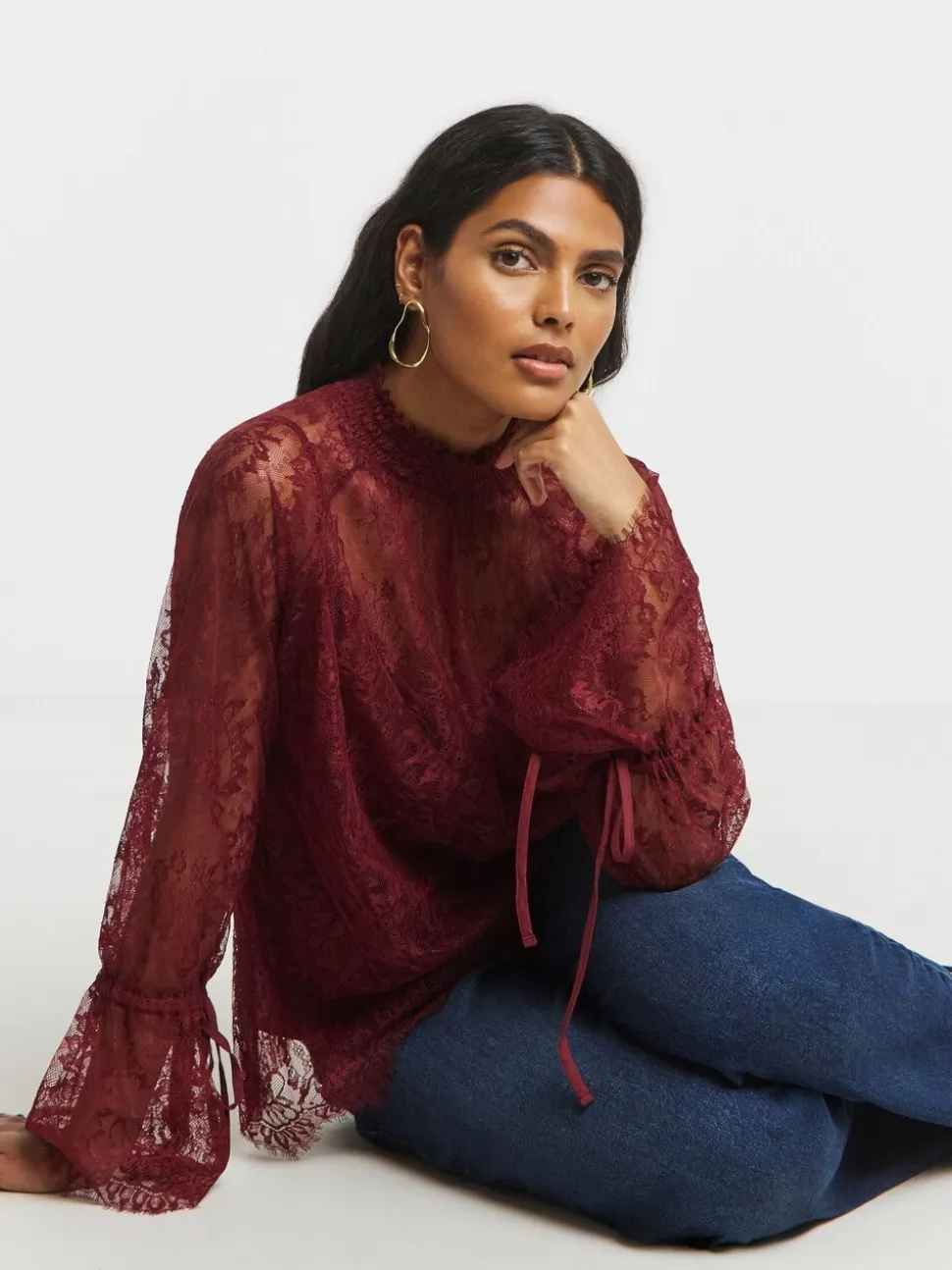 Simply Be Red Eyelash Lace Top With Sleeve Detail