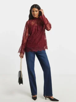 Simply Be Red Eyelash Lace Top With Sleeve Detail