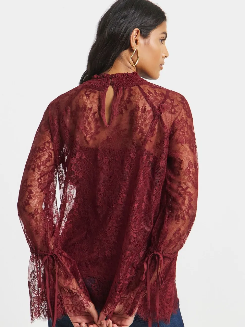 Simply Be Red Eyelash Lace Top With Sleeve Detail