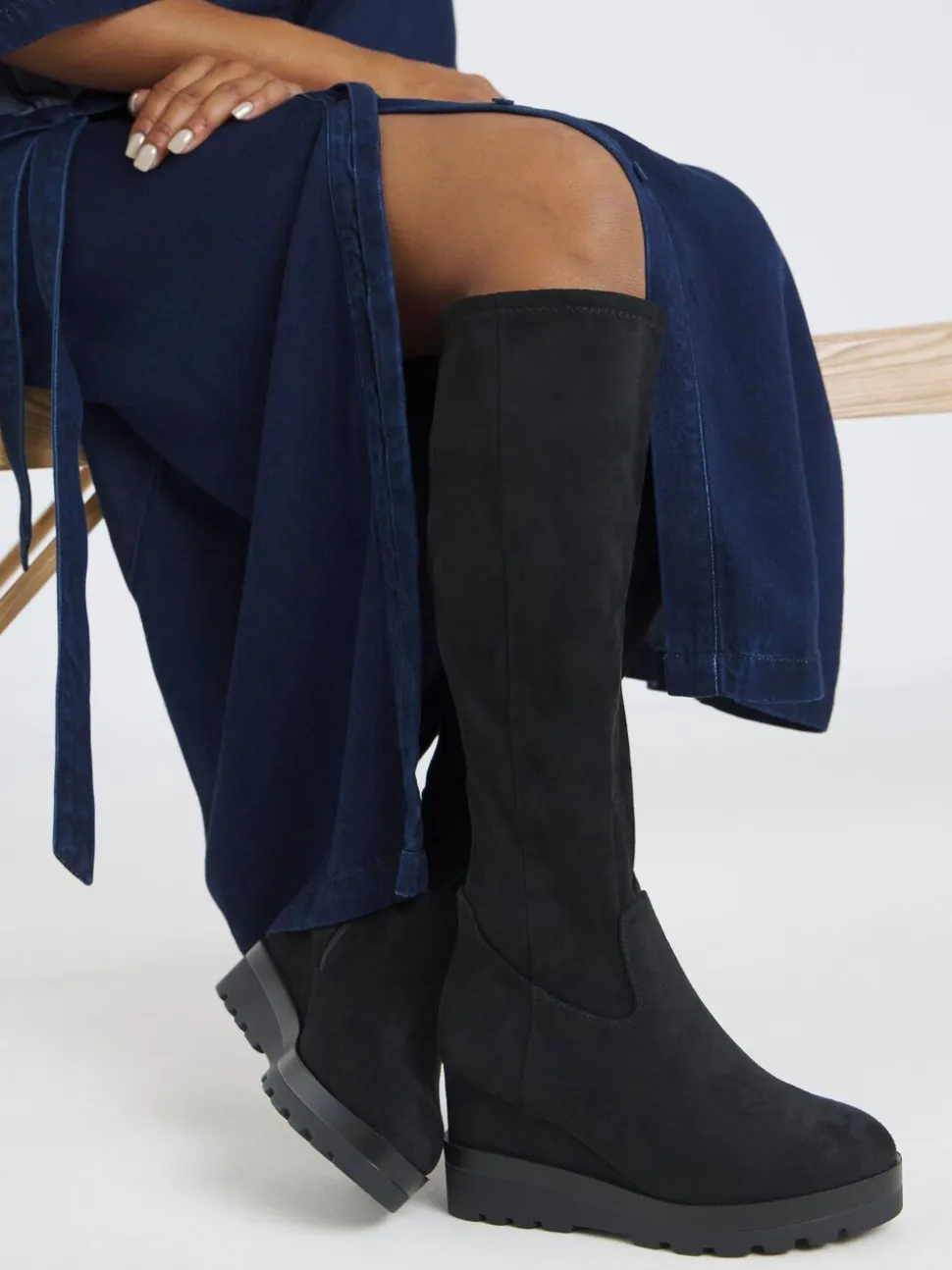 Simply Be Soft Black Wide Fit Stretch Wedge Knee High Boots