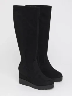 Simply Be Soft Black Wide Fit Stretch Wedge Knee High Boots