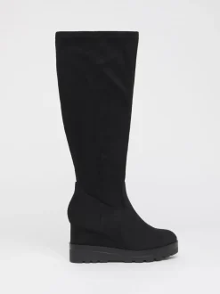 Simply Be Soft Black Wide Fit Stretch Wedge Knee High Boots