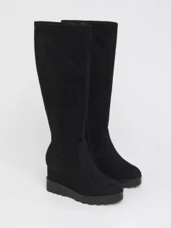 Simply Be Soft Black Wide Fit Stretch Wedge Knee High Boots
