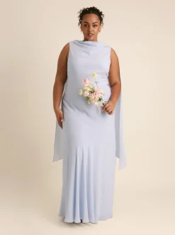 Six Stories Blue High Cowl Neck Drape Crepe Bridesmaid Dress
