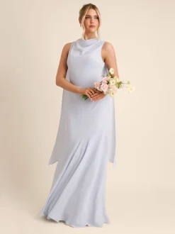 Six Stories Blue High Cowl Neck Drape Crepe Bridesmaid Dress