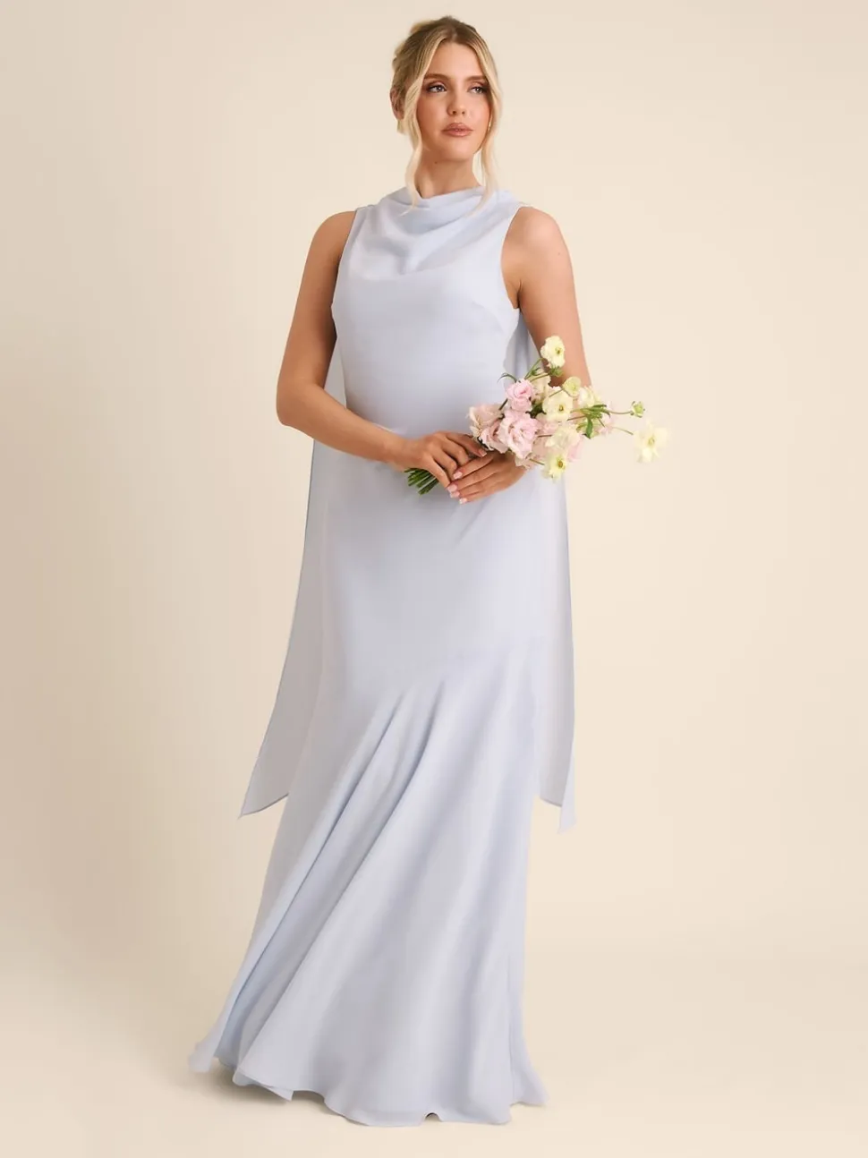 Six Stories Blue High Cowl Neck Drape Crepe Bridesmaid Dress