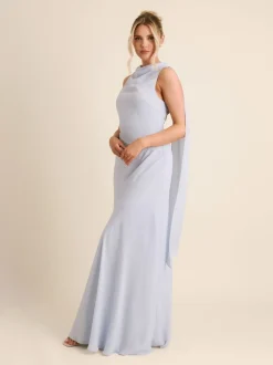 Six Stories Blue High Cowl Neck Drape Crepe Bridesmaid Dress