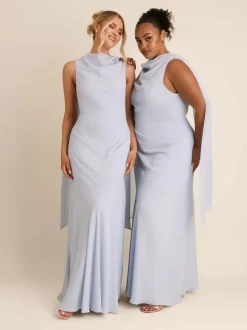 Six Stories Blue High Cowl Neck Drape Crepe Bridesmaid Dress