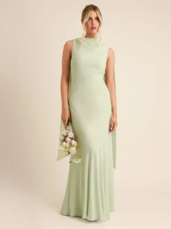 Six Stories Green High Cowl Neck Drape Crepe Bridesmaid Dress