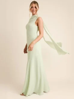 Six Stories Green High Cowl Neck Drape Crepe Bridesmaid Dress