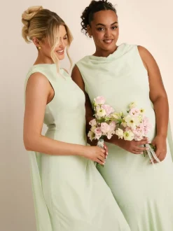 Six Stories Green High Cowl Neck Drape Crepe Bridesmaid Dress