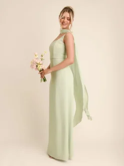 Six Stories Green Square Neck Crepe Bridesmaid Dress with Neck Scarf