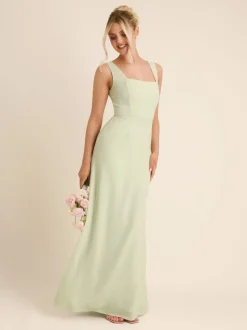 Six Stories Green Square Neck Crepe Bridesmaid Dress with Neck Scarf