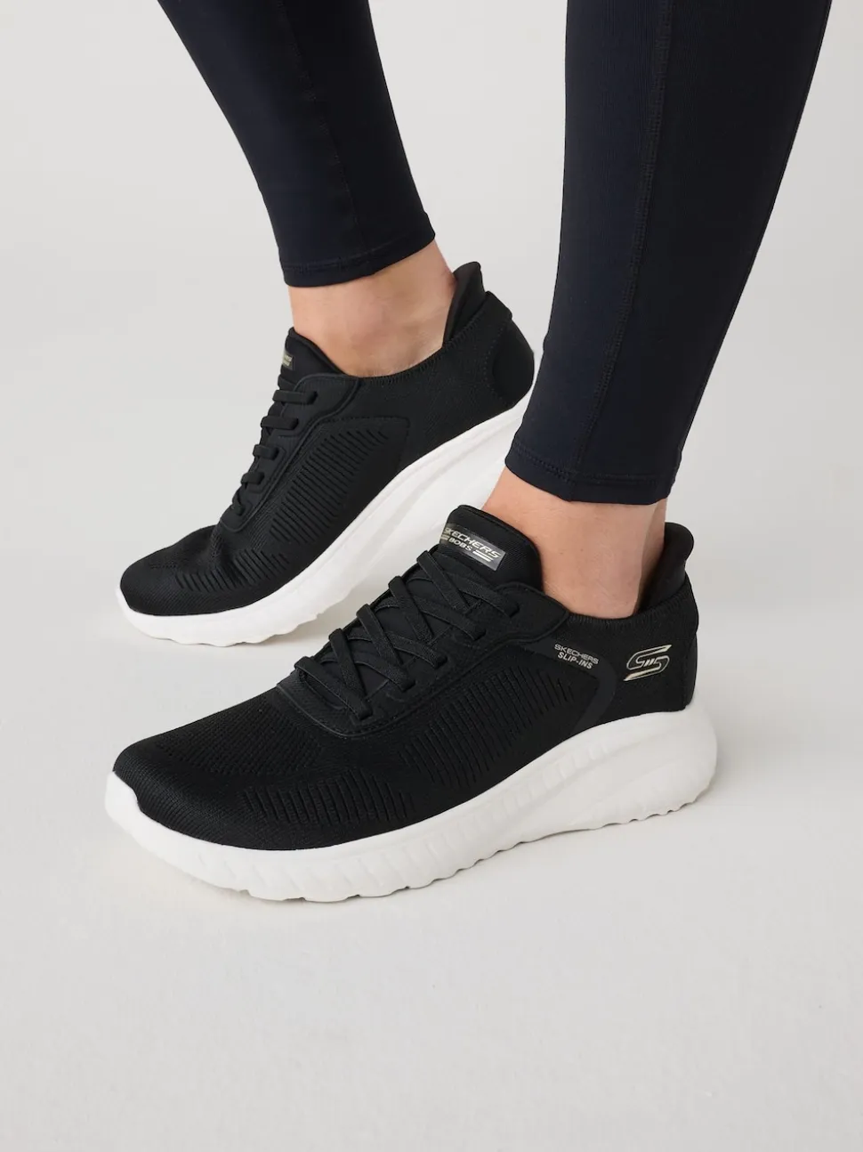 Skechers Black/ White BOBS Sport Squad Chaos Slip In Trainers