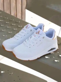 Skechers Cotton White Golden Womens Standard Fit Uno Trainers