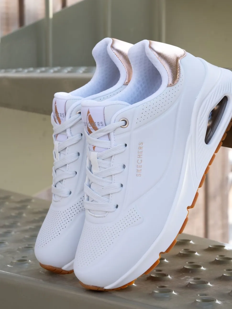 Skechers Cotton White Golden Womens Standard Fit Uno Trainers