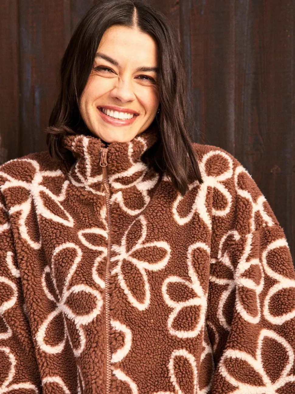Skinnydip Brown Doodle Flower Borg Jacket in Brown