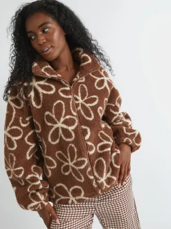 Skinnydip Brown Doodle Flower Borg Jacket in Brown