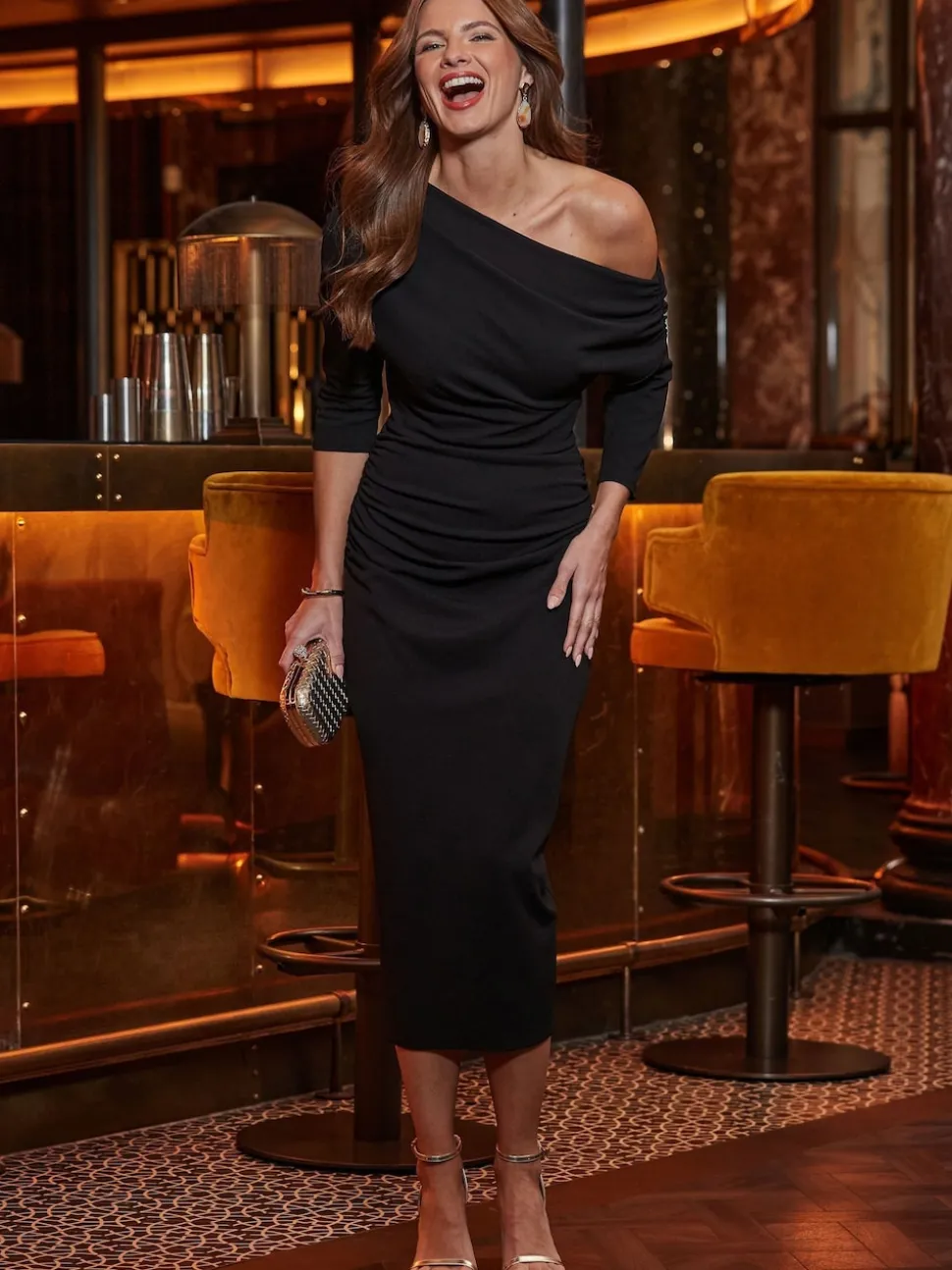 Sosandar Black Asymmetric Ruched Midi Dress
