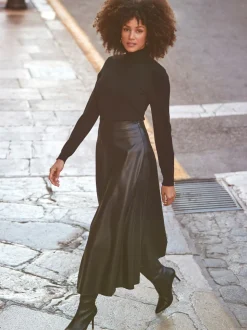 Sosandar Black Faux Leather Midaxi Skirt