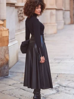 Sosandar Black Faux Leather Midaxi Skirt