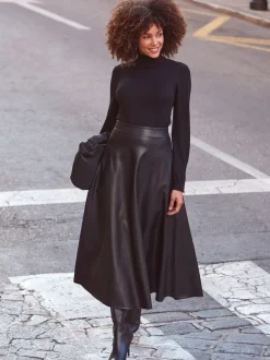 Sosandar Black Faux Leather Midaxi Skirt