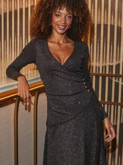 Sosandar Black Glitter Ruched Button Detail Fit & Flare Dress