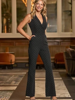 Sosandar Black Luxury Sparkling Stud Kick Flare Jumpsuit