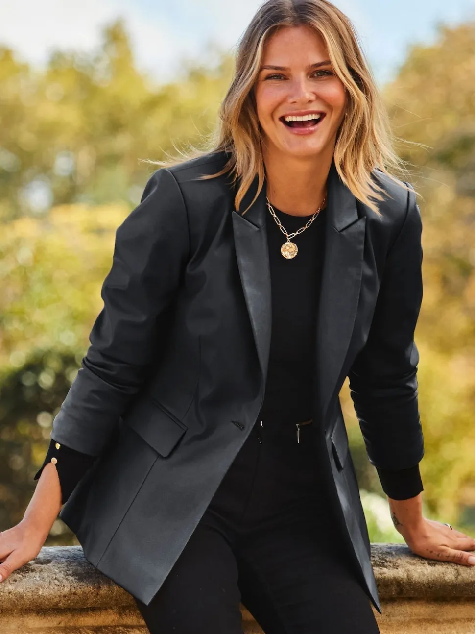 Sosandar Black Premium Faux Leather Blazer