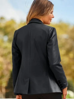 Sosandar Black Premium Faux Leather Blazer