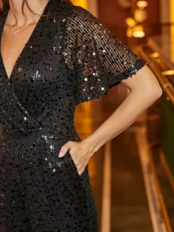 Sosandar Black Sequin Angel Sleeve Jumpsuit