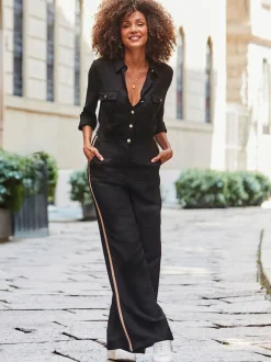 Sosandar Black Side Stripe Button Front Jumpsuit