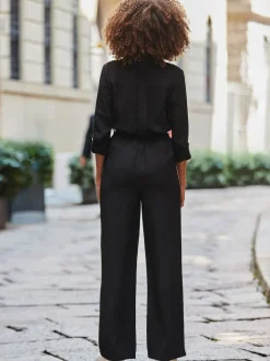 Sosandar Black Side Stripe Button Front Jumpsuit