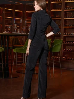 Sosandar Black Velvet Jumpsuit With Luxe Gold Detail