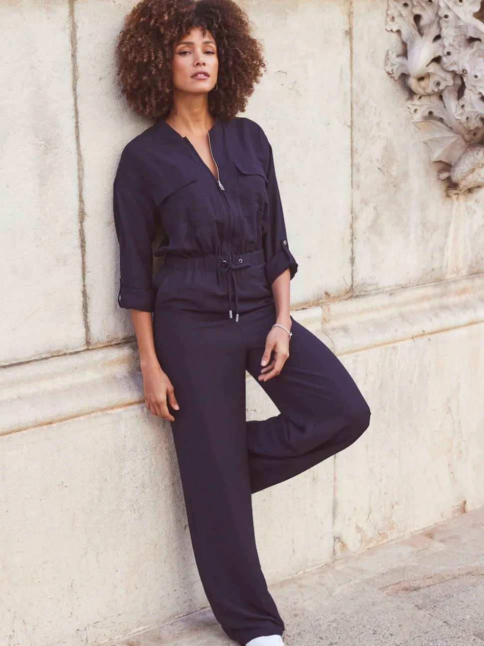 Sosandar Blue Drawstring Waist Jumpsuit