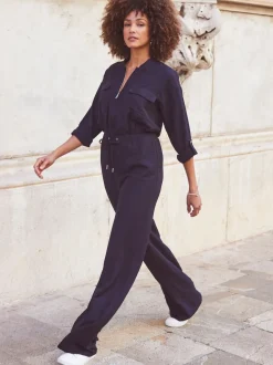 Sosandar Blue Drawstring Waist Jumpsuit