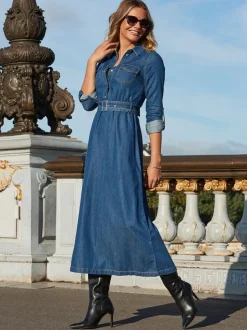Sosandar Blue Fit & Flare Buckle Detail Denim Midi Dress