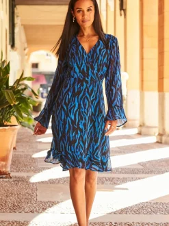 Sosandar Blue Fluted Cuff Fit And Flare Dress