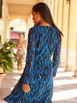 Sosandar Blue Fluted Cuff Fit And Flare Dress