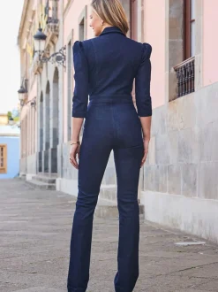 Sosandar Blue Puff Sleeve Kicklare Denim Jumpsuit