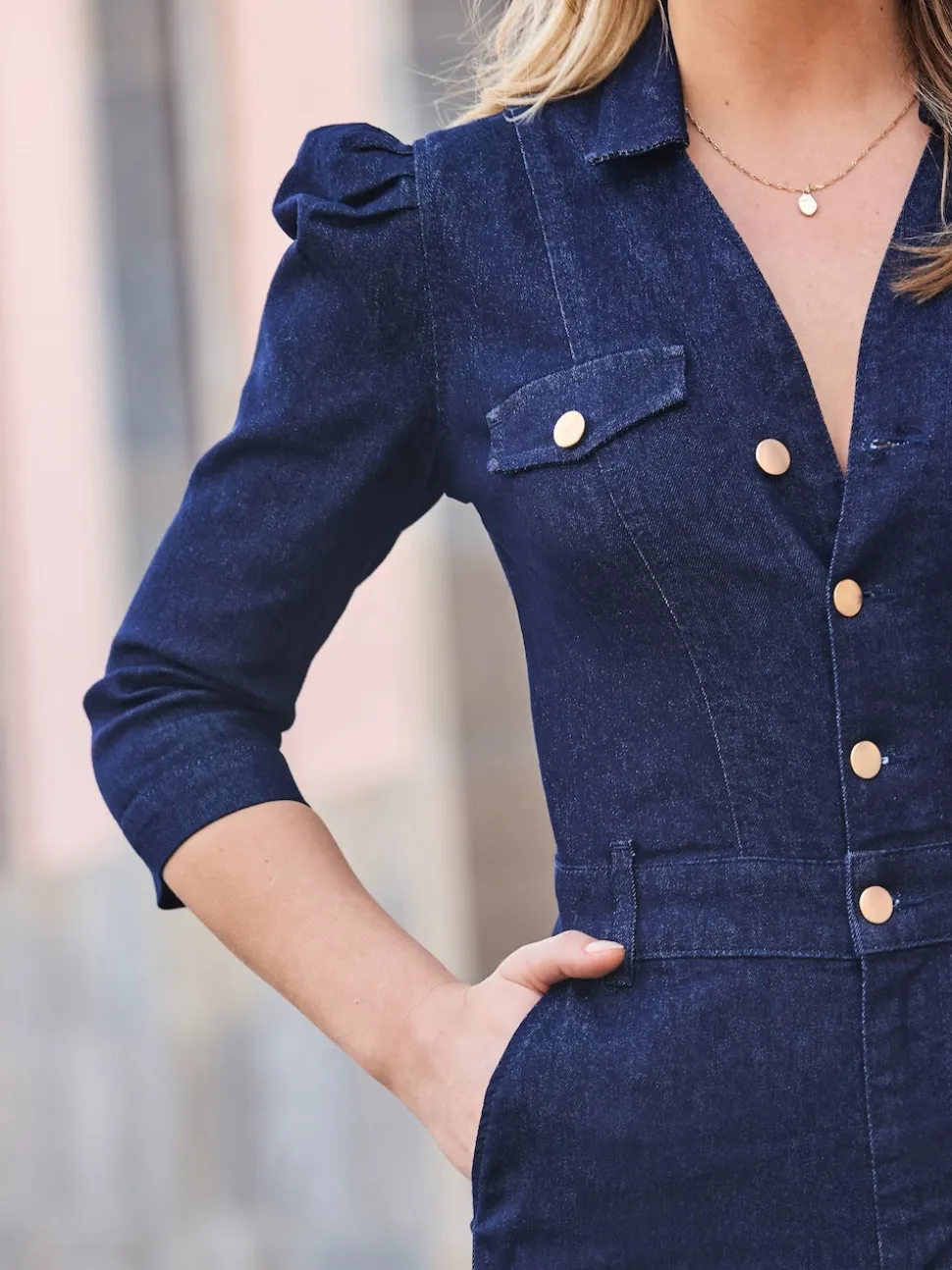 Sosandar Blue Puff Sleeve Kicklare Denim Jumpsuit