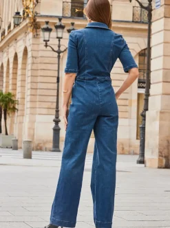 Sosandar Blue Zip Front Wide Leg Jumpsuit