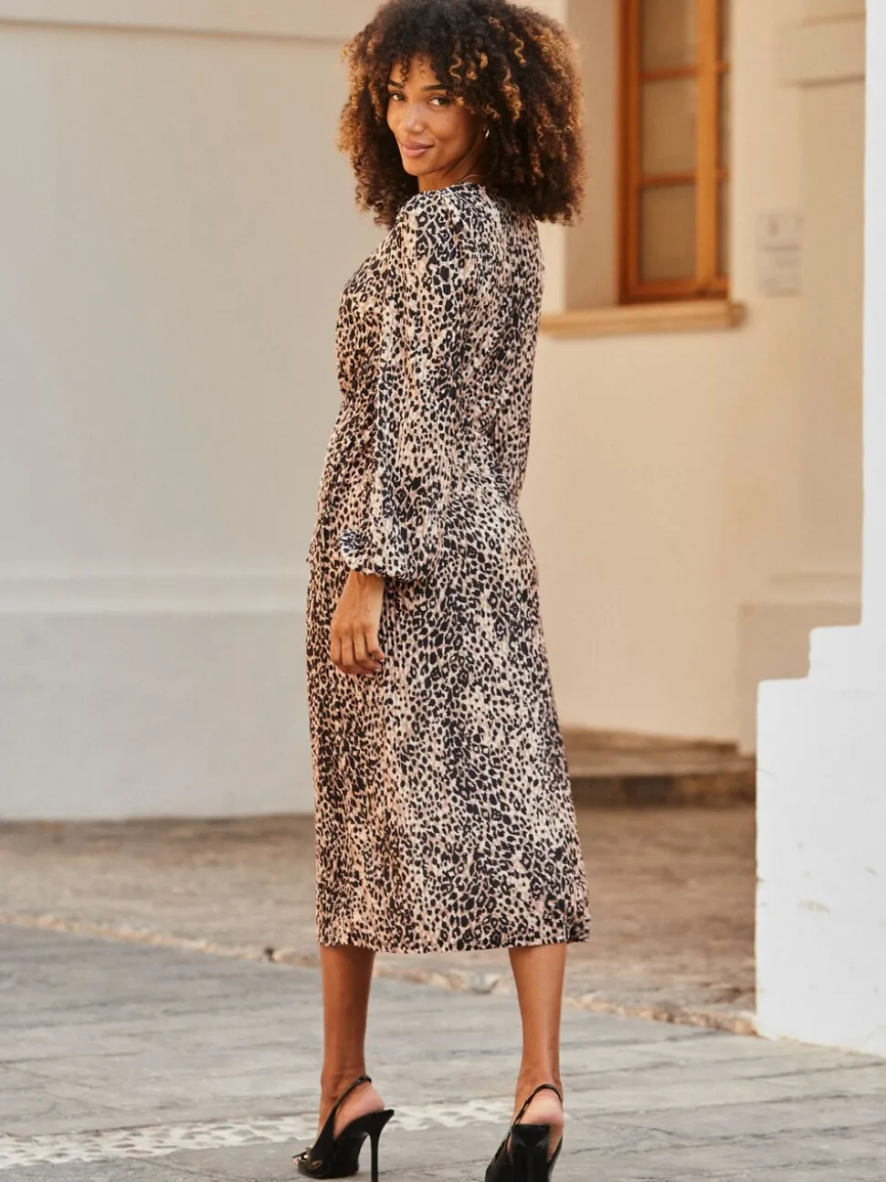 Sosandar Brown Animal Print Knot Front Plisse Dress
