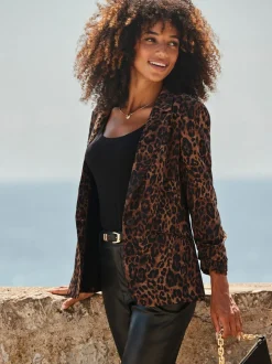Sosandar Brown Leopard Print Single Breasted Blazer