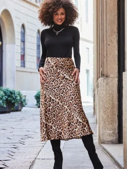Sosandar Brown Leopard Print Satin Slip Skirt