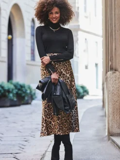 Sosandar Brown Leopard Print Satin Slip Skirt