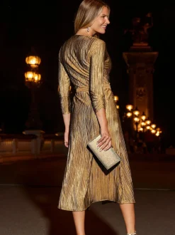 Sosandar Gold Metallic Plisse Wrap Front Fit & Flare Jersey Dress