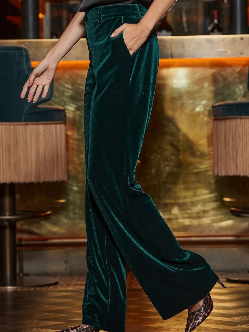 Sosandar Green Luxe Velvet Wide Leg Trousers